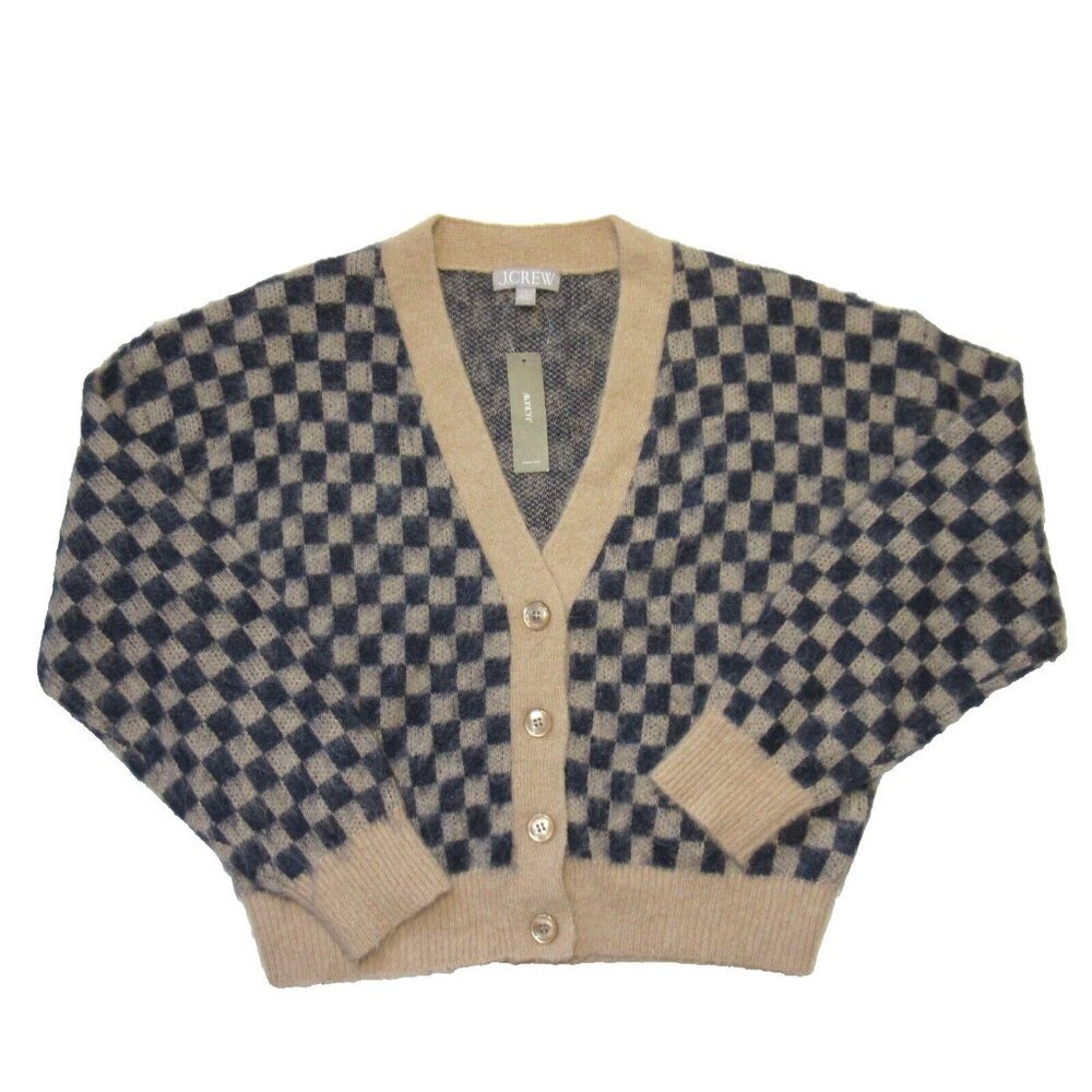 NWT J.Crew Checkered V-neck Cardigan in Sandy Beach Navy Brushed Yarn Sweater S